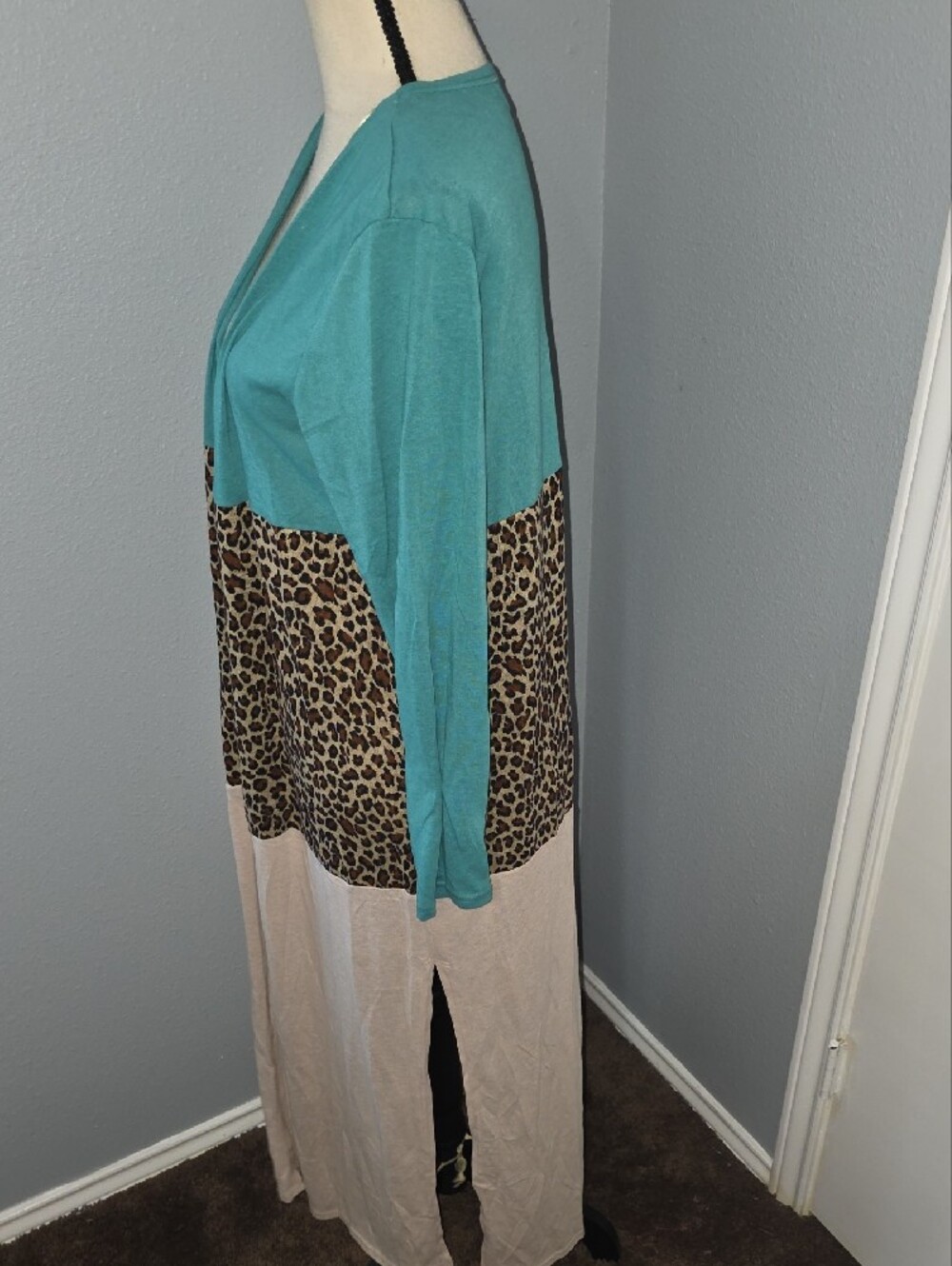 NWT Umgee Tea/Animal Print Linen Blend Colorblock Cardigan Sz M - Picture 5 of 7